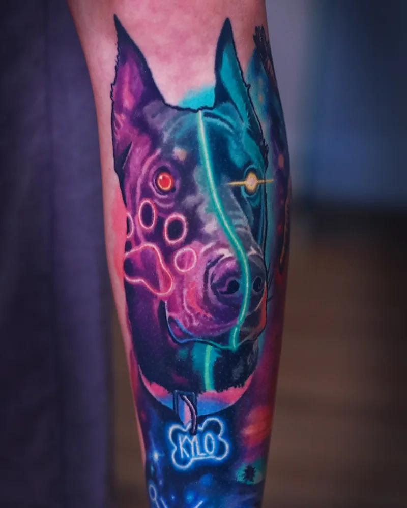 Neon Doberman memorial pet portrait tattoo named Kylo, 4 years healed, by Austin tattoo artist Bobby Cupparo