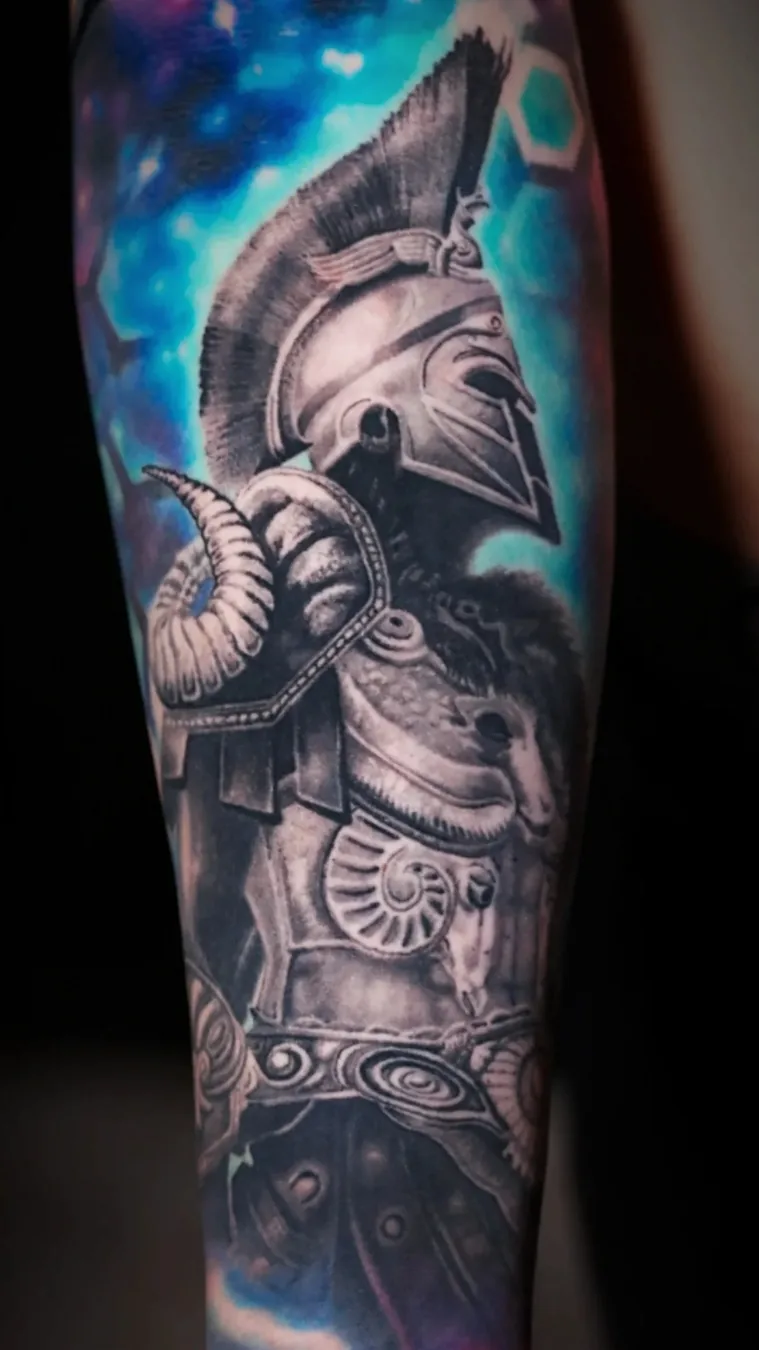Healed black and grey spartan warrior galaxy forearm tattoo by Austin tattoo artist Bobby Cupparo