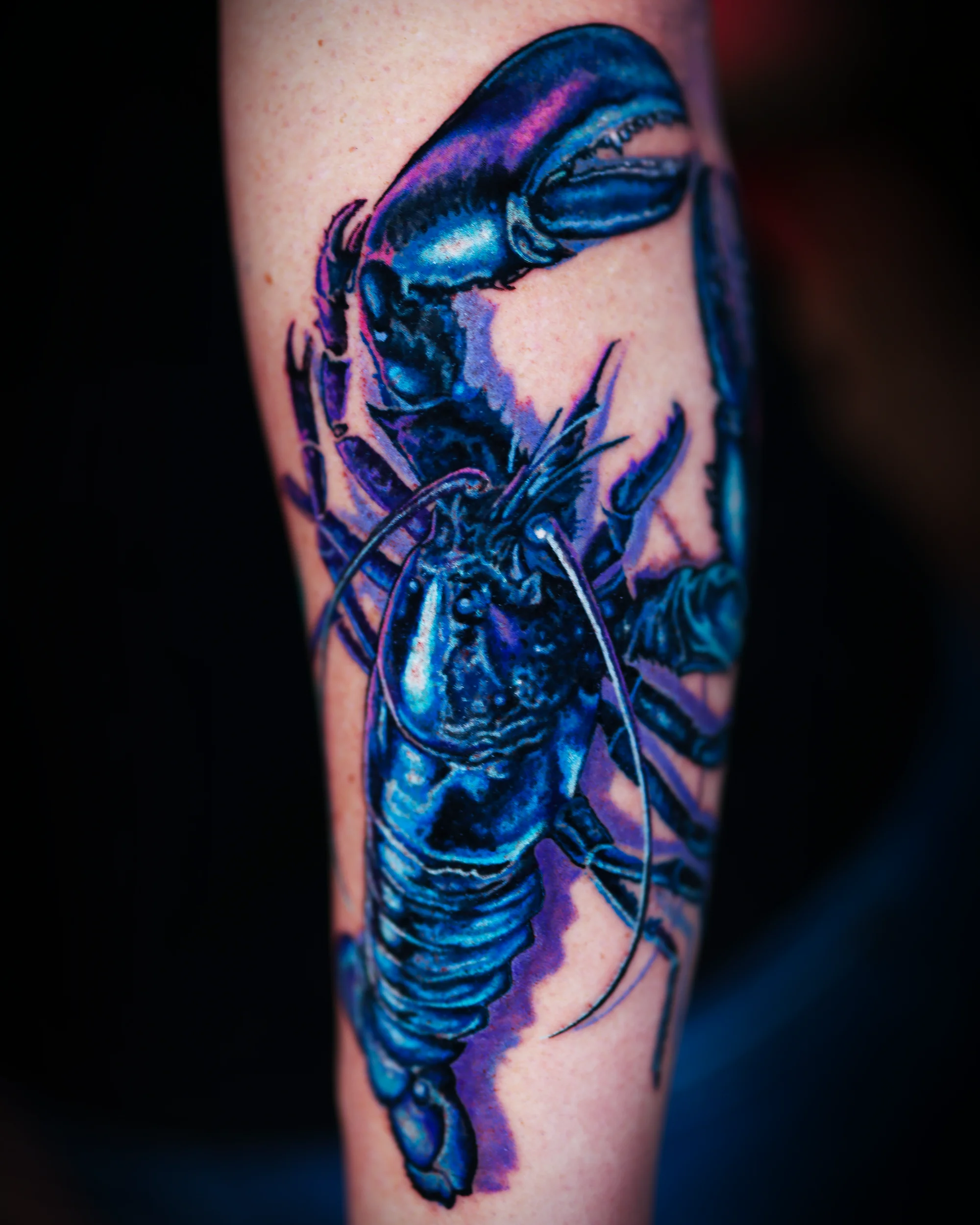Color realism blue lobster forearm tattoo by Austin tattoo artist Bobby Cupparo