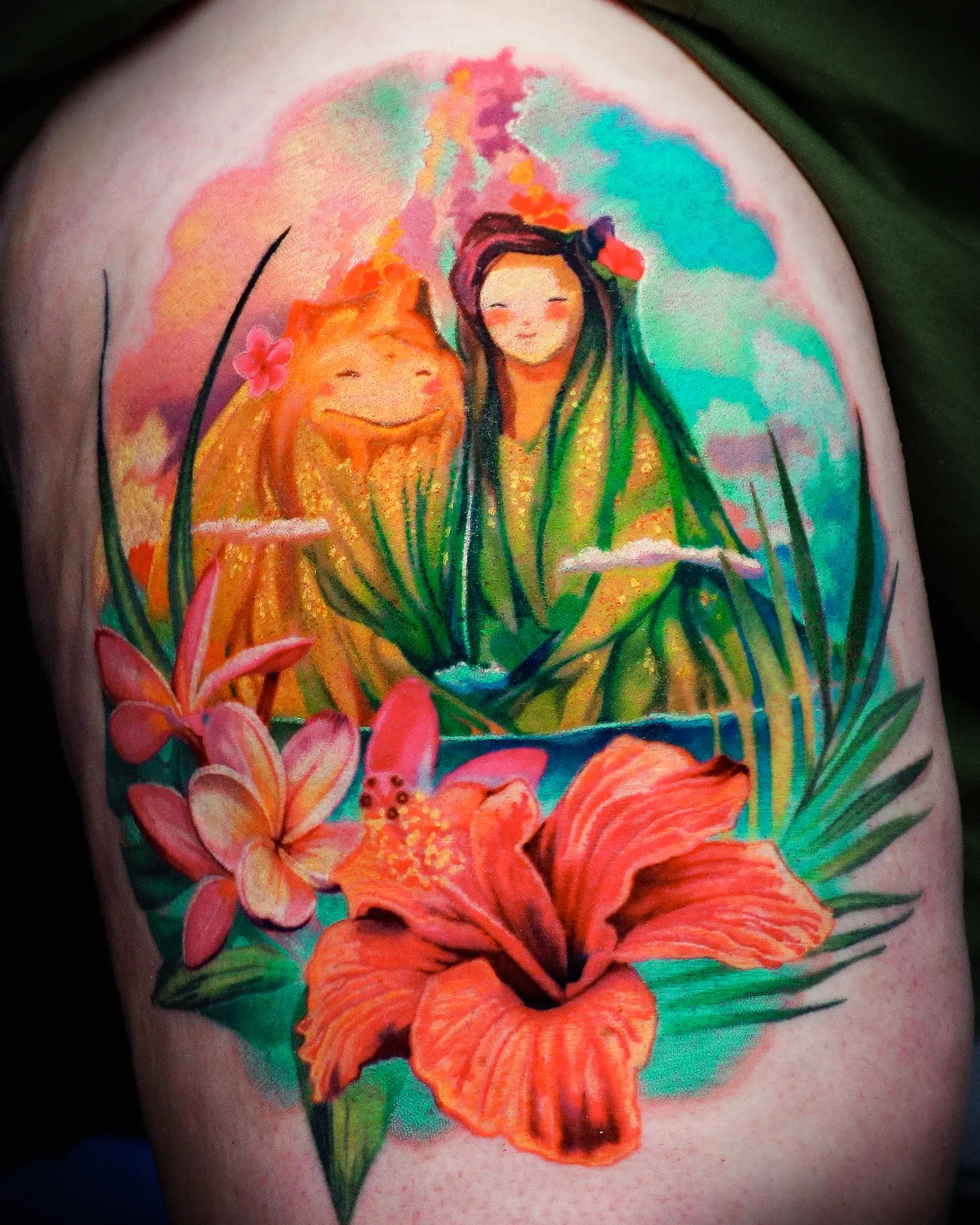 Color realism tropical spirit figures with hibiscus floral thigh tattoo by Austin tattoo artist Bobby Cupparo