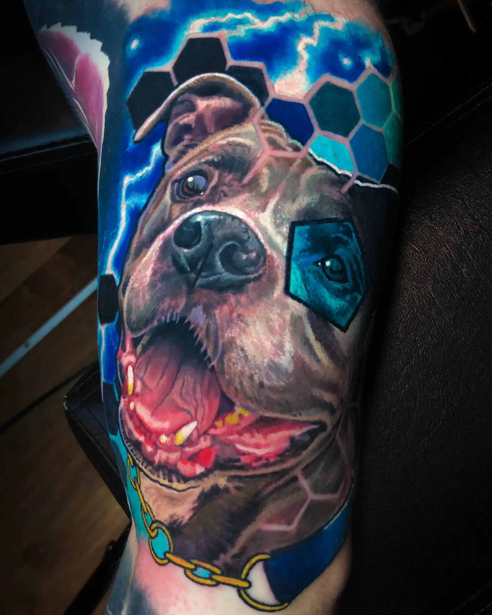 Color realism pitbull dog portrait with lightning hexagon forearm tattoo by Austin tattoo artist Bobby Cupparo