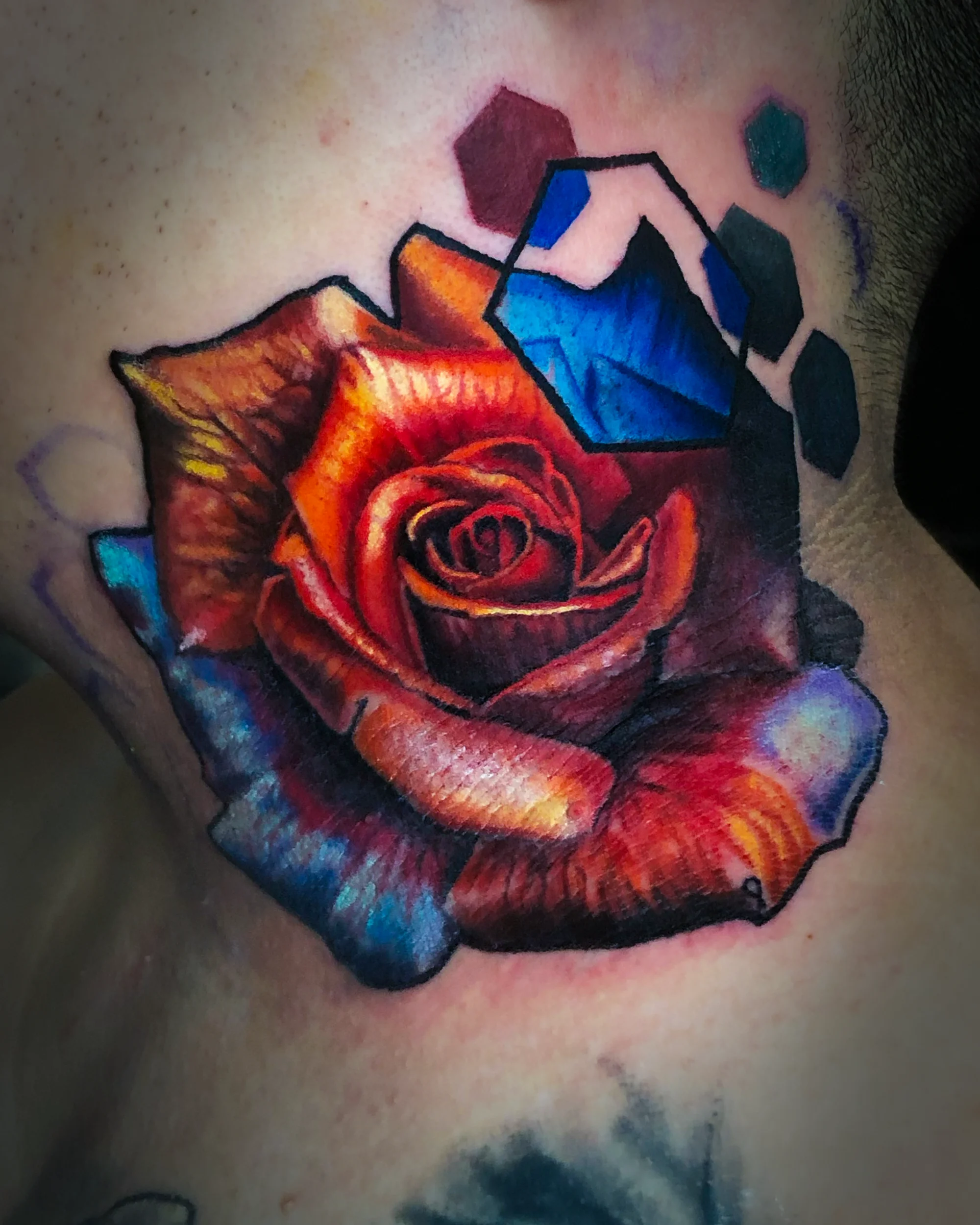 Color realism red rose with crystal geometric neck tattoo by Austin tattoo artist Bobby Cupparo