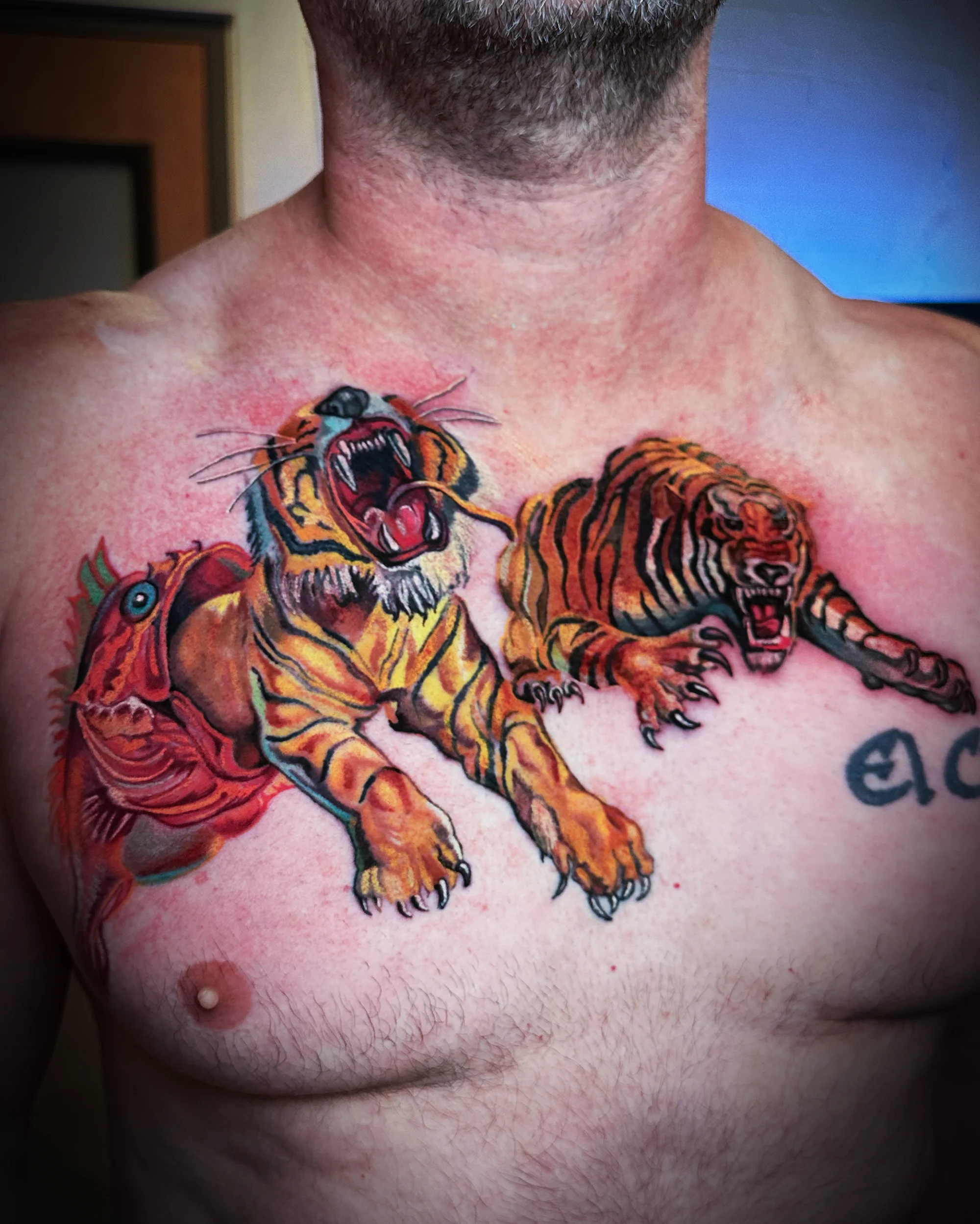 Neo-traditional tigers with anglerfish chest tattoo by Austin tattoo artist Bobby Cupparo