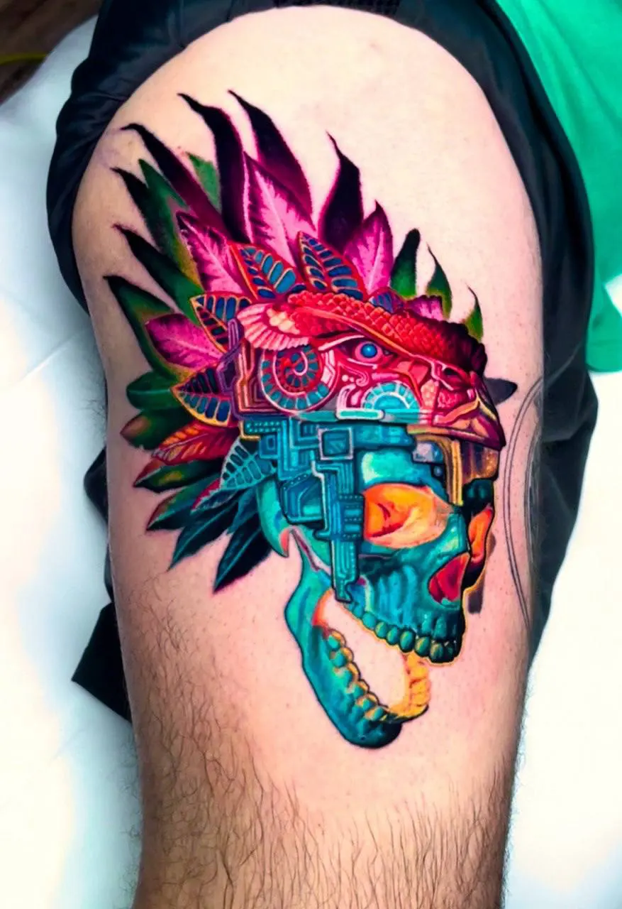 Surreal color Aztec skull with headdress thigh tattoo by Austin tattoo artist Bobby Cupparo