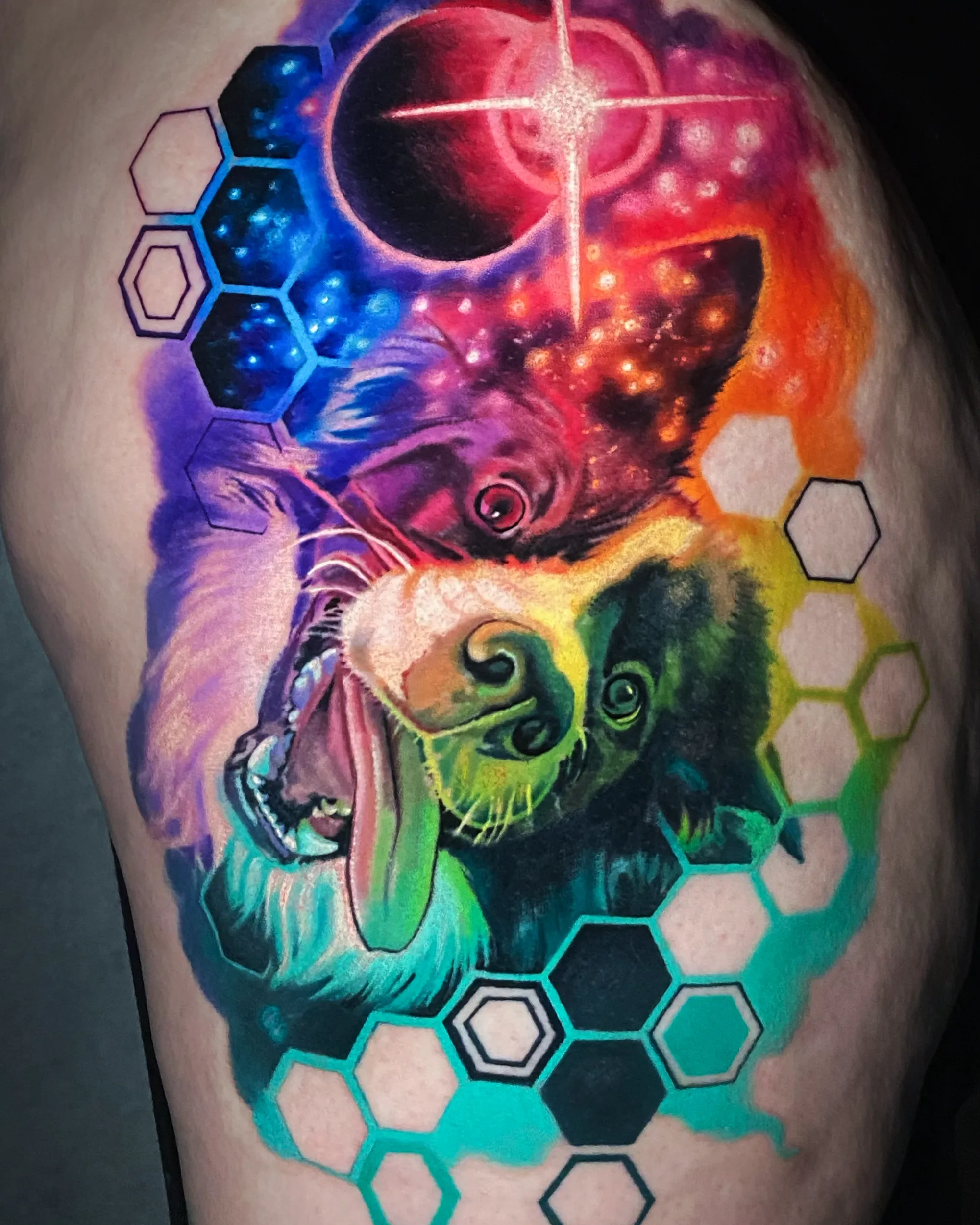 Surreal color cosmic sloth thigh tattoo by Austin tattoo artist Bobby Cupparo