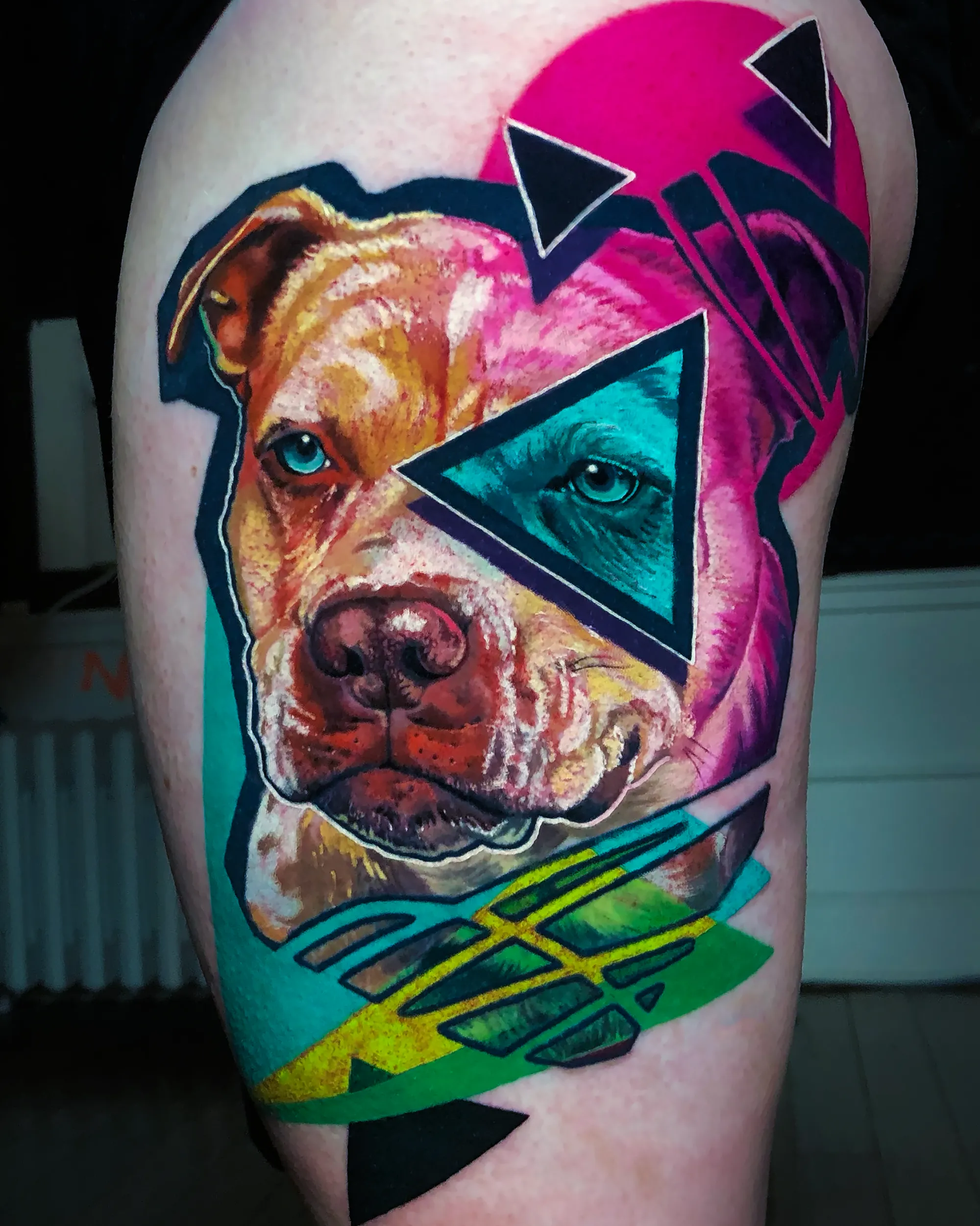 Surreal color cosmic sloth thigh tattoo by Austin tattoo artist Bobby Cupparo
