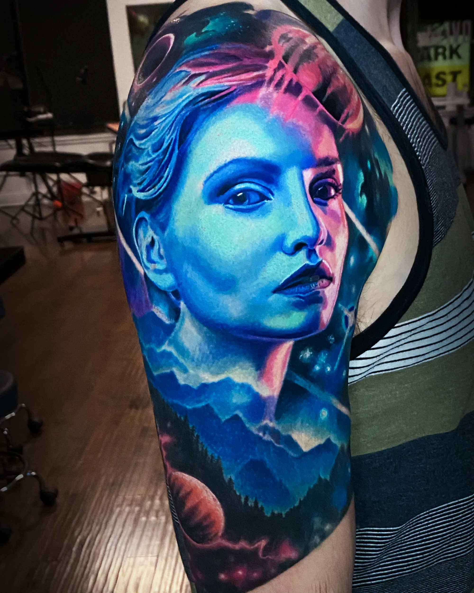 Cosmic woman galaxy portrait — follow on Instagram by Austin tattoo artist Bobby Cupparo