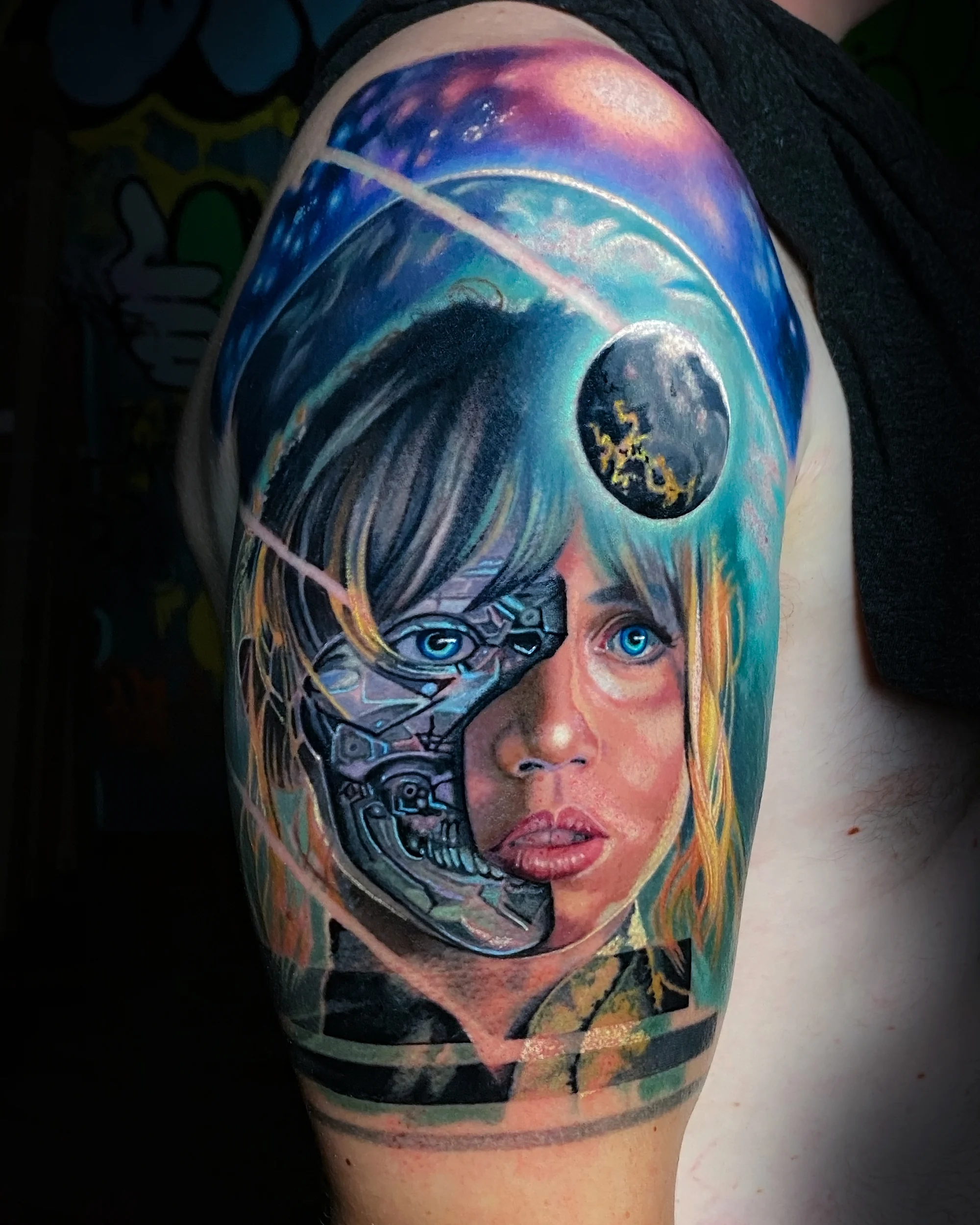 Surreal color realism portrait of a woman with half her face opening into a cyborg skull, under a galaxy and a dark planet, upper arm tattoo by Austin tattoo artist Bobby Cupparo