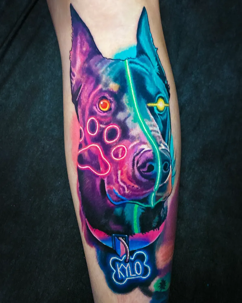 Fresh neon Doberman memorial pet portrait tattoo named Kylo by Austin tattoo artist Bobby Cupparo