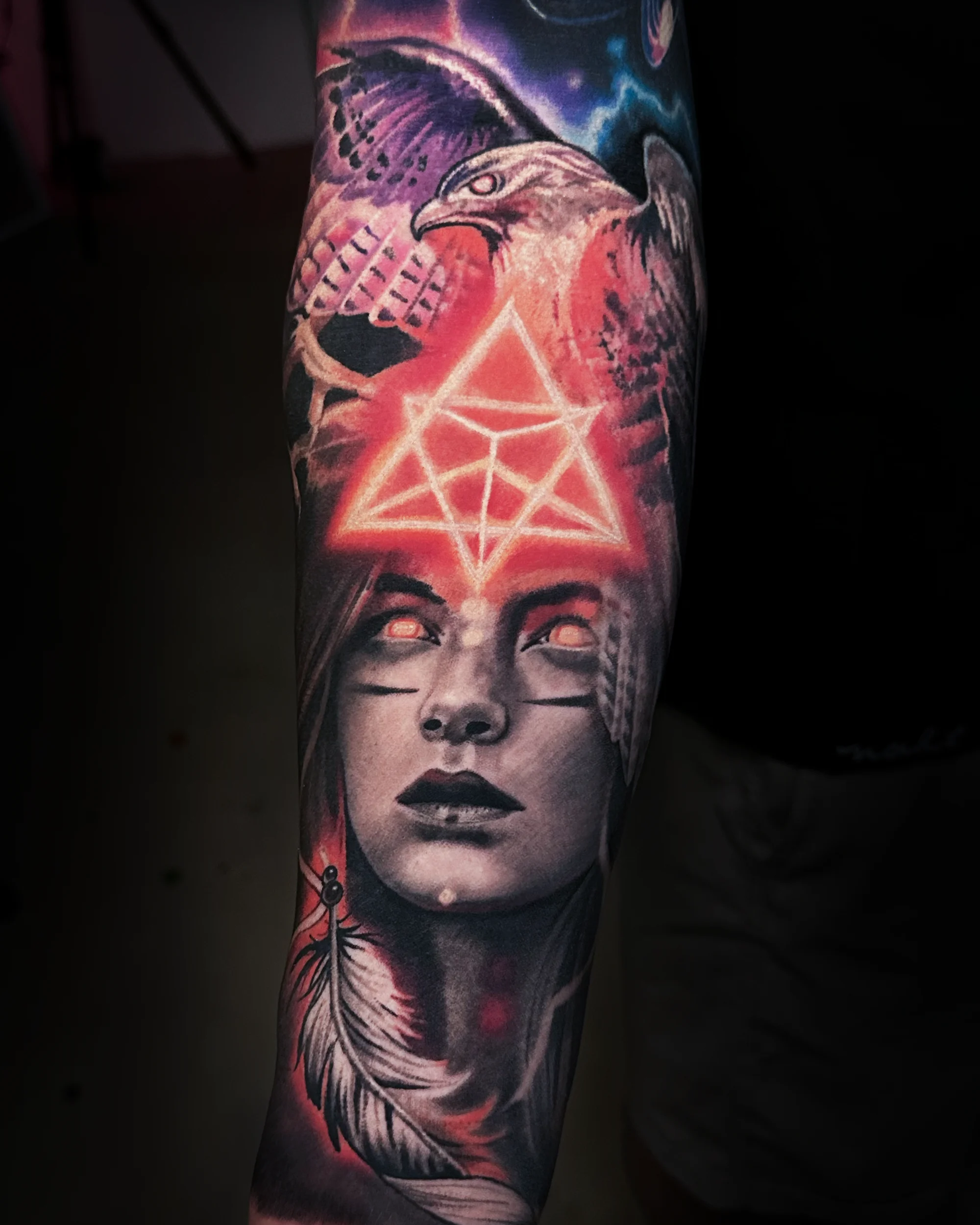 Surreal color female mystic eagle pentagram forearm tattoo by Austin tattoo artist Bobby Cupparo
